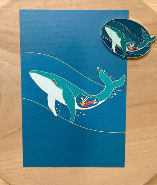 Whale enamel pin with Post Card - Jonah Illustration