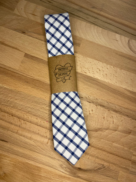 NAVY AND WHITE CHECK COTTON TIE