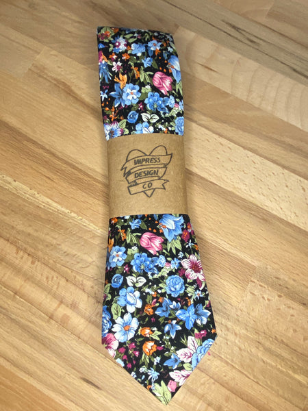 BLUE , PINK AND BLACK FLORAL TIE